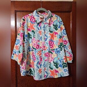Blair Colorful Floral Flowers Springy 3/4 Sleeve Button-down Blouse Top Size L